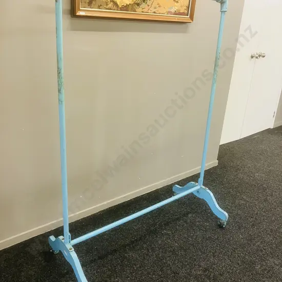 Steel Pipe & Wood Single Rail Garment Rack Painted Powder Blue, On Castors. H152 W112 D51cm