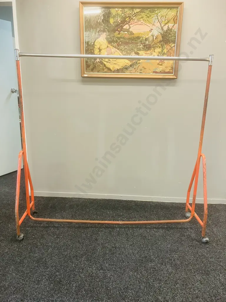 Steel Single Rail Garment Rack Painted Orange With Chrome Top Rail, On Castors (1 Wheel Damaged). H153 W157 D44cm Image 1++