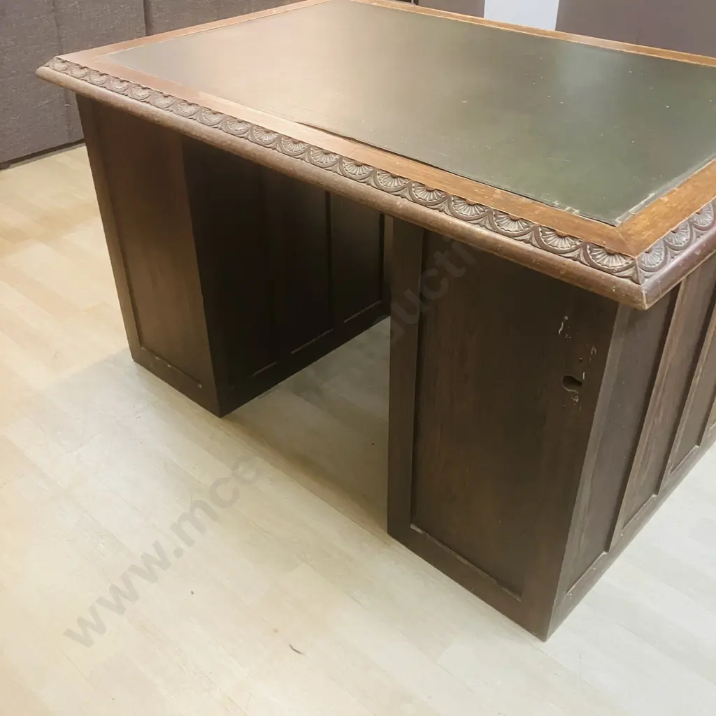 Victorian Oak Double Pedestal Partners Desk, Black Inlaid Top. 10 Drawers, Wooden Shell Drawer Pulls. H77 W140 D94cm Image 1++