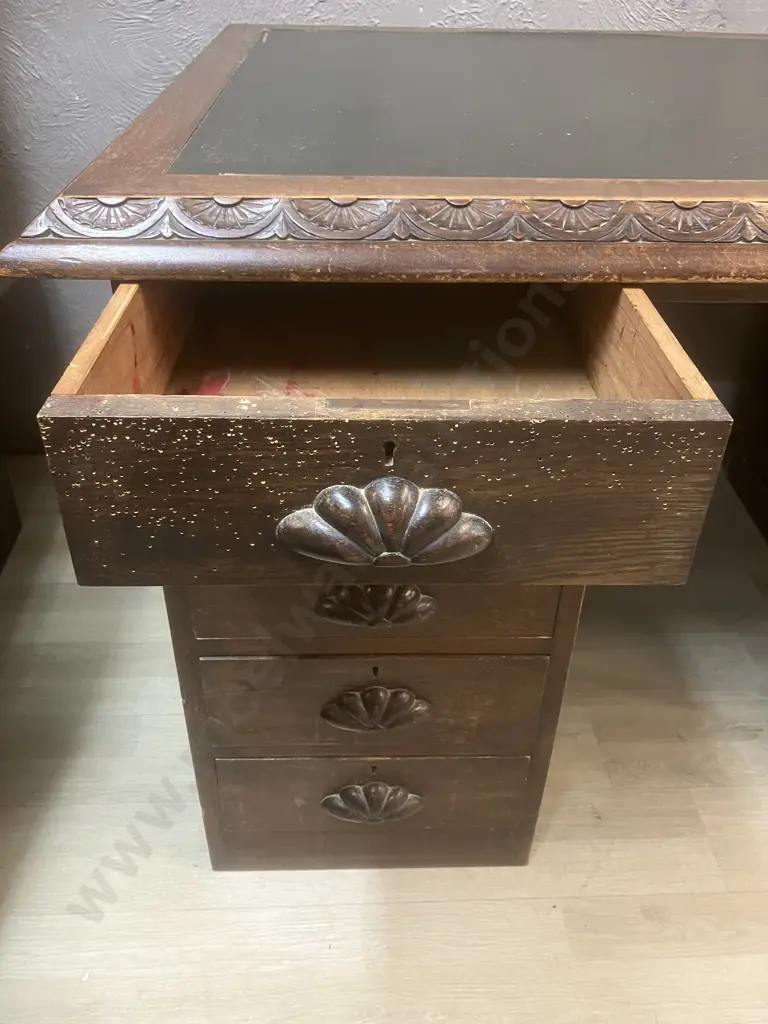 Victorian Oak Double Pedestal Partners Desk, Black Inlaid Top. 10 Drawers, Wooden Shell Drawer Pulls. H77 W140 D94cm Image 1++