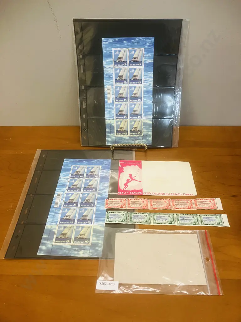 Pair of New Zealand  “Victory 1995” 45c Full Stamp Sheets (10), 2 x 1948 Health Stamp Strips of 5, Health Stamp Envelope Image 1++