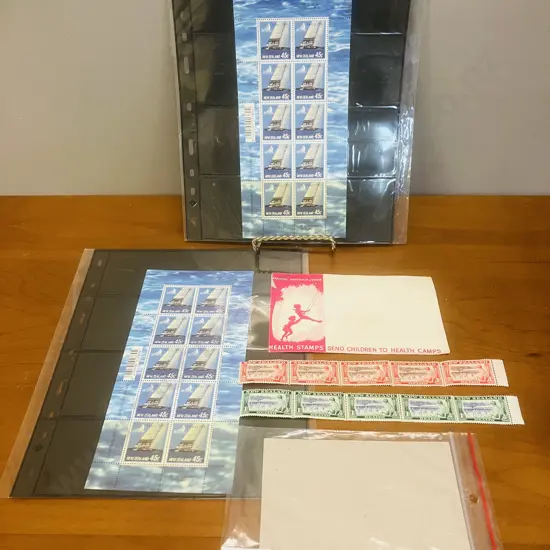 Pair of New Zealand  “Victory 1995” 45c Full Stamp Sheets (10), 2 x 1948 Health Stamp Strips of 5, Health Stamp Envelope