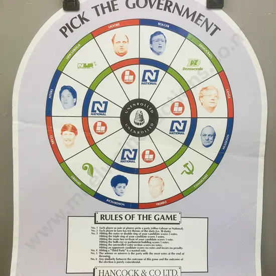 Rare Vintage "Pick The Government" Dart Game - Hancock & Co Ltd New Zealand