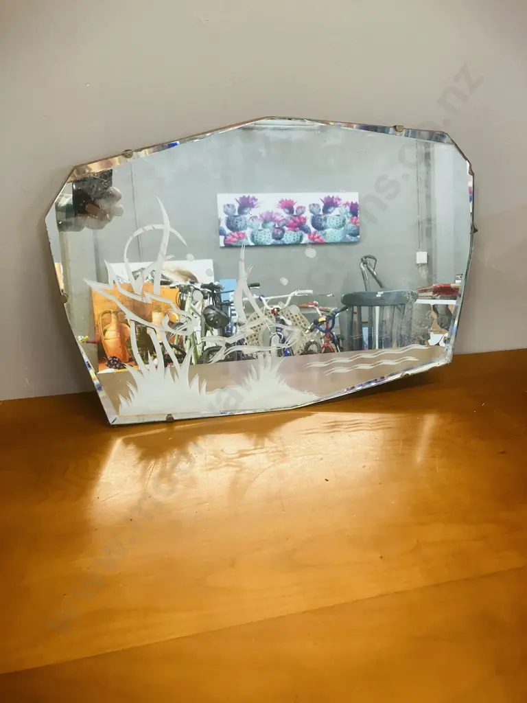 Art Deco Wall Mirror With Frosted Fishes 35.5 x 5.5cm (As Found) Image 1++