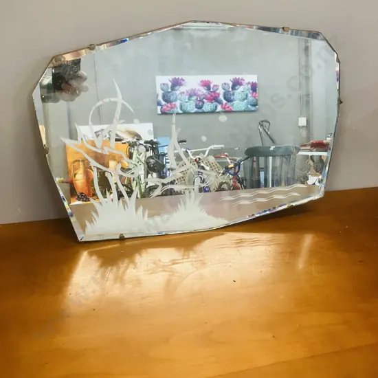 Art Deco Wall Mirror With Frosted Fishes 35.5 x 5.5cm (As Found)