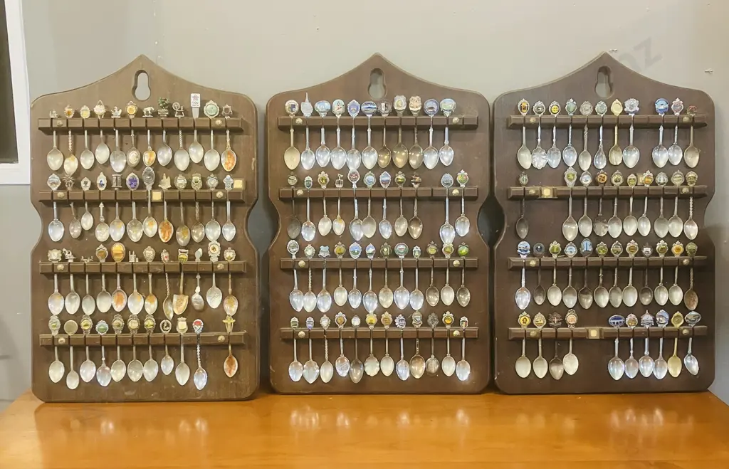 Collectors Souvenirs Teaspoons x 136 On Three Wall Mount Display Boards (As Found) Image 1++