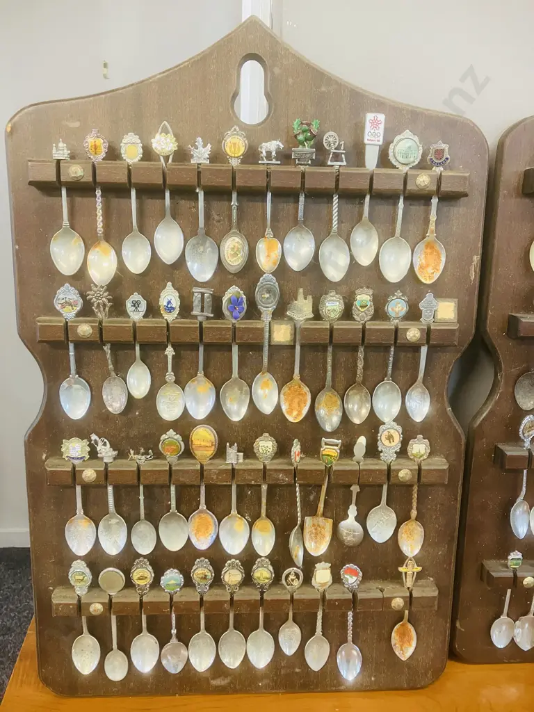 Collectors Souvenirs Teaspoons x 136 On Three Wall Mount Display Boards (As Found) Image 1++