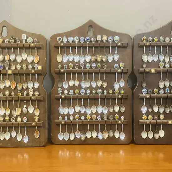 Collectors Souvenirs Teaspoons x 136 On Three Wall Mount Display Boards (As Found)