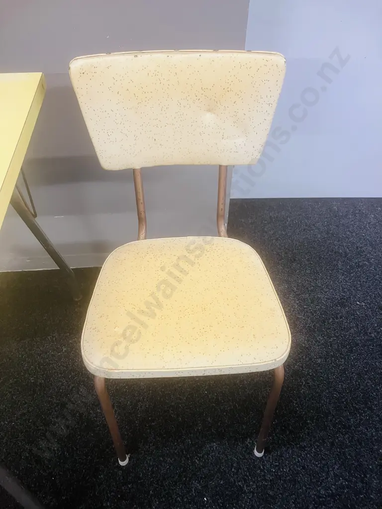 Vintage Mid-Century Yellow Formica Dining Table With a Pair of Yellow Upholstered Chrome Base Chairs Image 1++