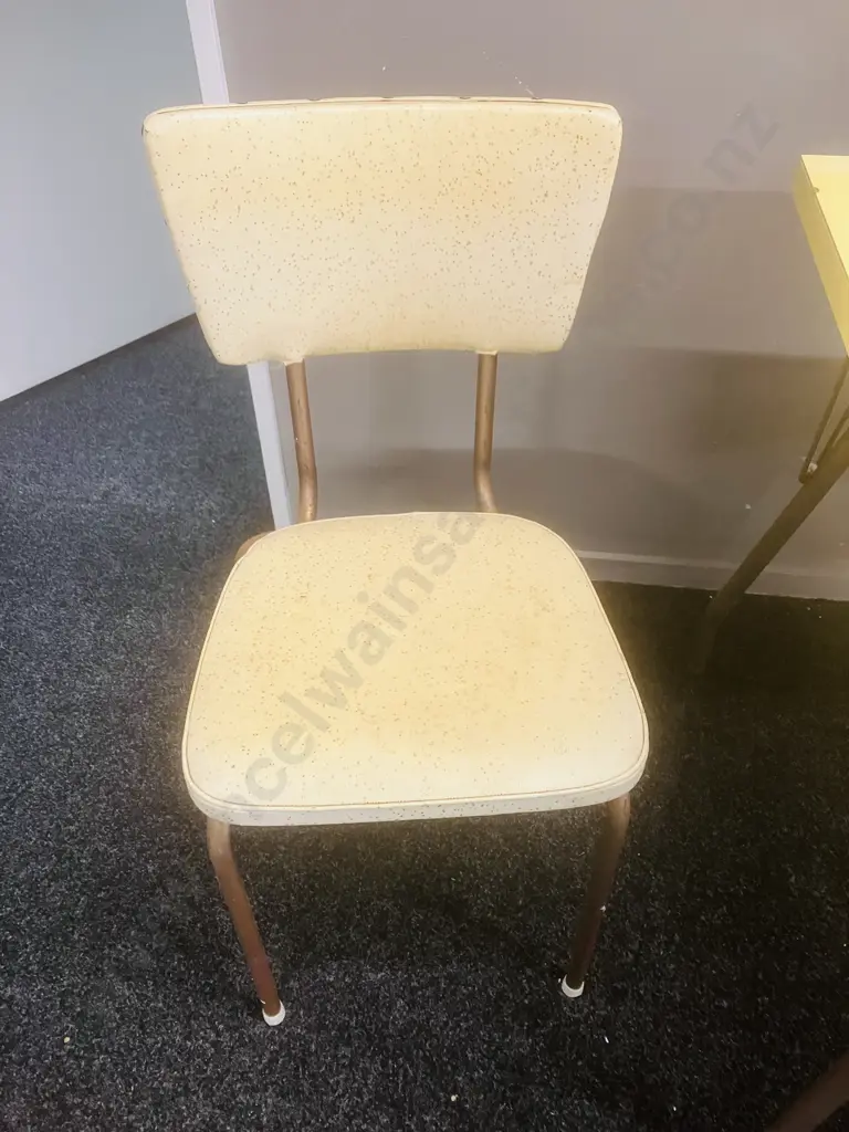 Vintage Mid-Century Yellow Formica Dining Table With a Pair of Yellow Upholstered Chrome Base Chairs Image 1++