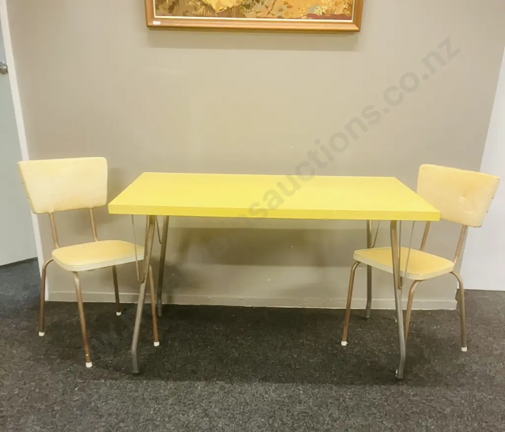 Vintage Mid-Century Yellow Formica Dining Table With a Pair of Yellow Upholstered Chrome Base Chairs Image 1++