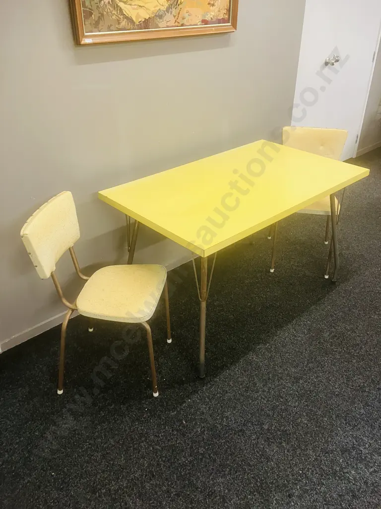 Vintage Mid-Century Yellow Formica Dining Table With a Pair of Yellow Upholstered Chrome Base Chairs Image 1++
