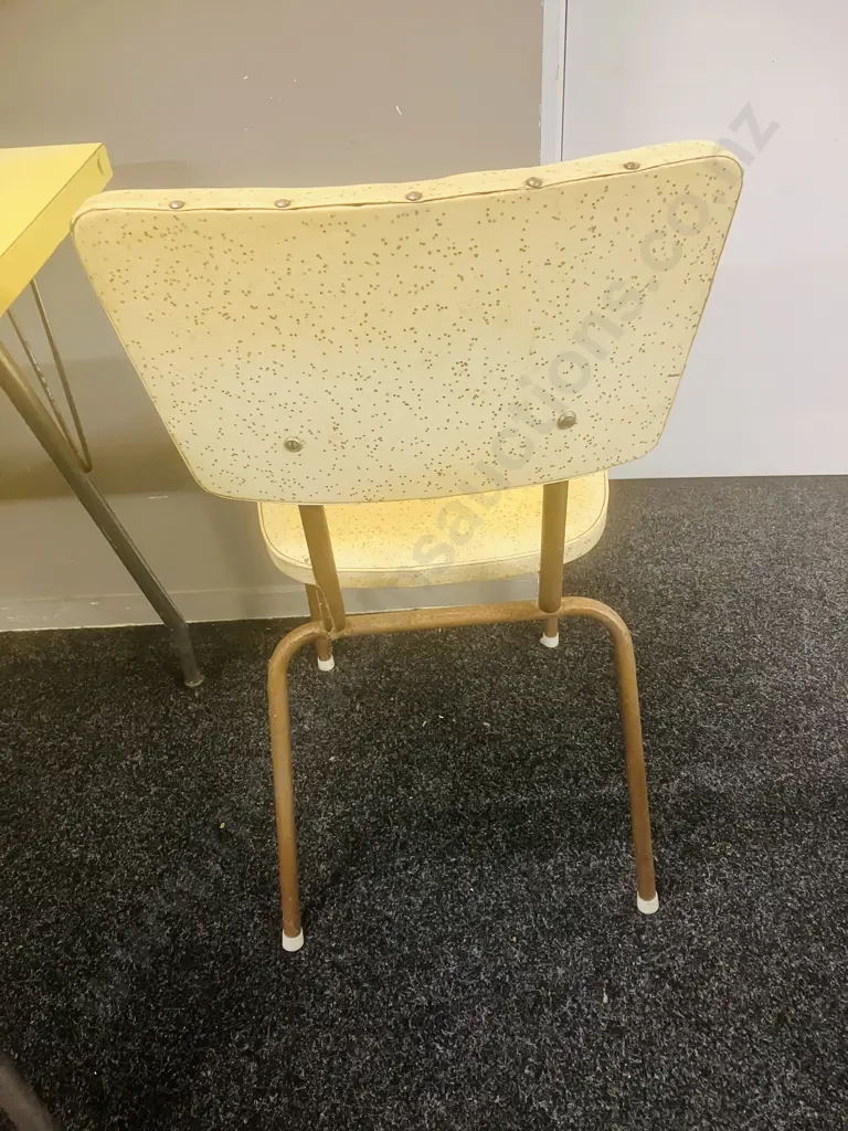 Vintage Mid-Century Yellow Formica Dining Table With a Pair of Yellow Upholstered Chrome Base Chairs Image 1++
