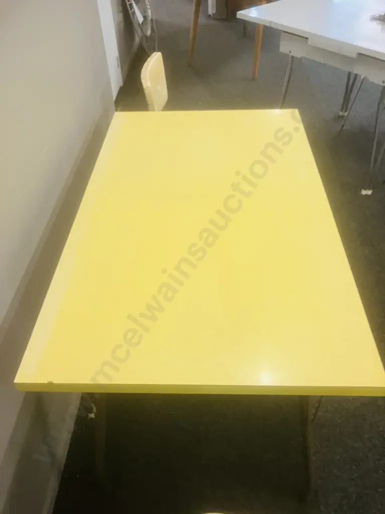 Vintage Mid-Century Yellow Formica Dining Table With a Pair of Yellow Upholstered Chrome Base Chairs Image 1++