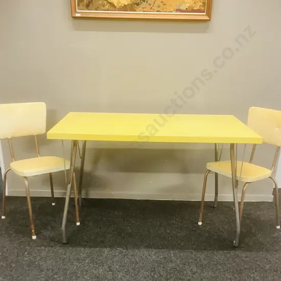 Vintage Mid-Century Yellow Formica Dining Table With a Pair of Yellow Upholstered Chrome Base Chairs