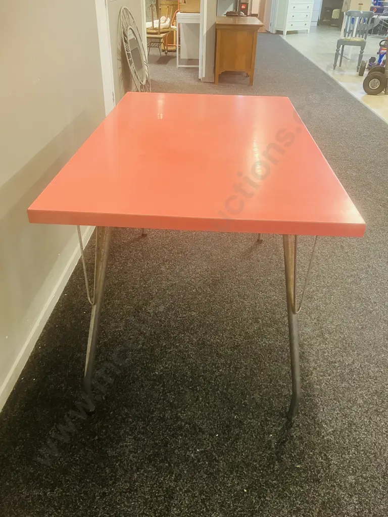 Vintage Mid-Century Formica Dining Table - Pink With Chrome Legs Image 1++