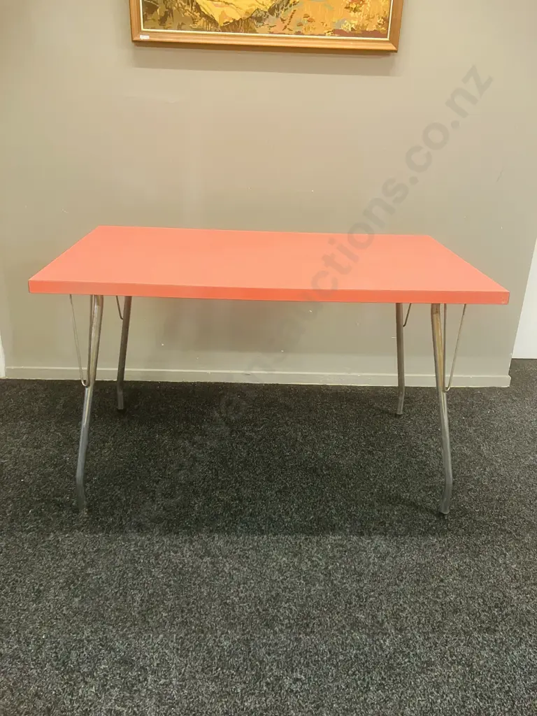 Vintage Mid-Century Formica Dining Table - Pink With Chrome Legs Image 1++