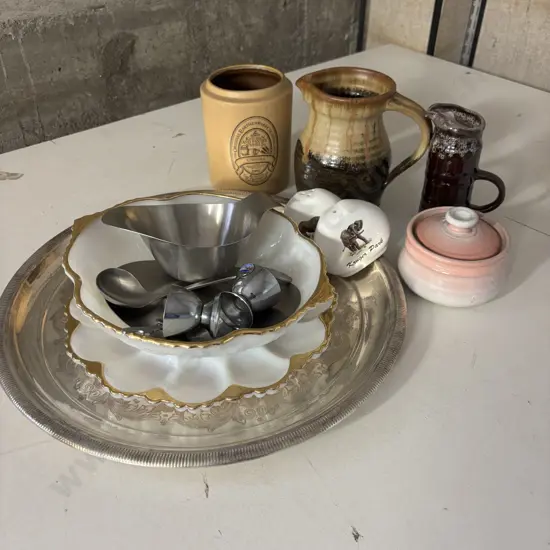 Large Silver Tray with assorted Pottery and Glassware
