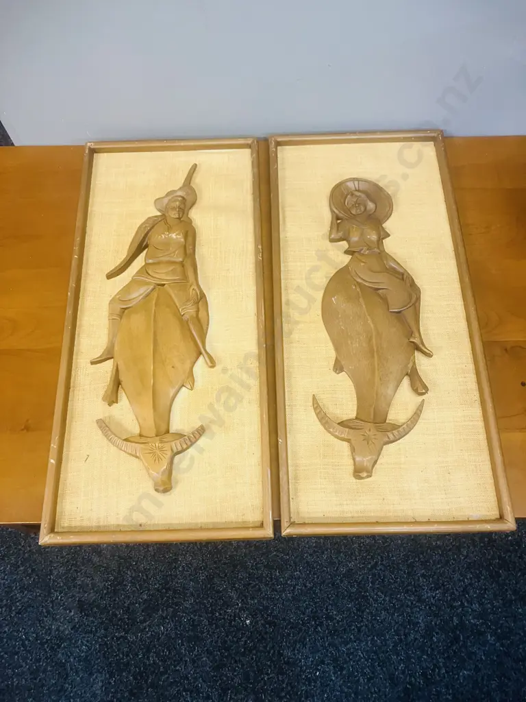 Pair of Vintage Mid-Century Teak & Burlap Wall Art Pictures - Figure On Water Buffalo (1 Needs Reattaching) 61 x 28cm Image 1++