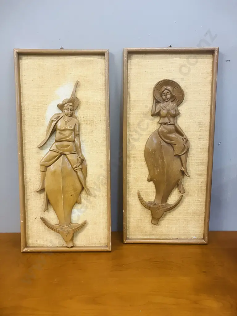 Pair of Vintage Mid-Century Teak & Burlap Wall Art Pictures - Figure On Water Buffalo (1 Needs Reattaching) 61 x 28cm Image 1++