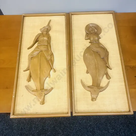 Pair of Vintage Mid-Century Teak & Burlap Wall Art Pictures - Figure On Water Buffalo (1 Needs Reattaching) 61 x 28cm