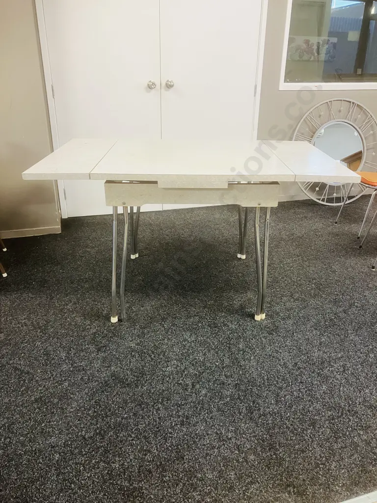 Vintage Mid-Century Formica Extension Table With Hairpin Legs & Pair of Orange Upholstered Chrome Base Chairs (As Found) Image 1++