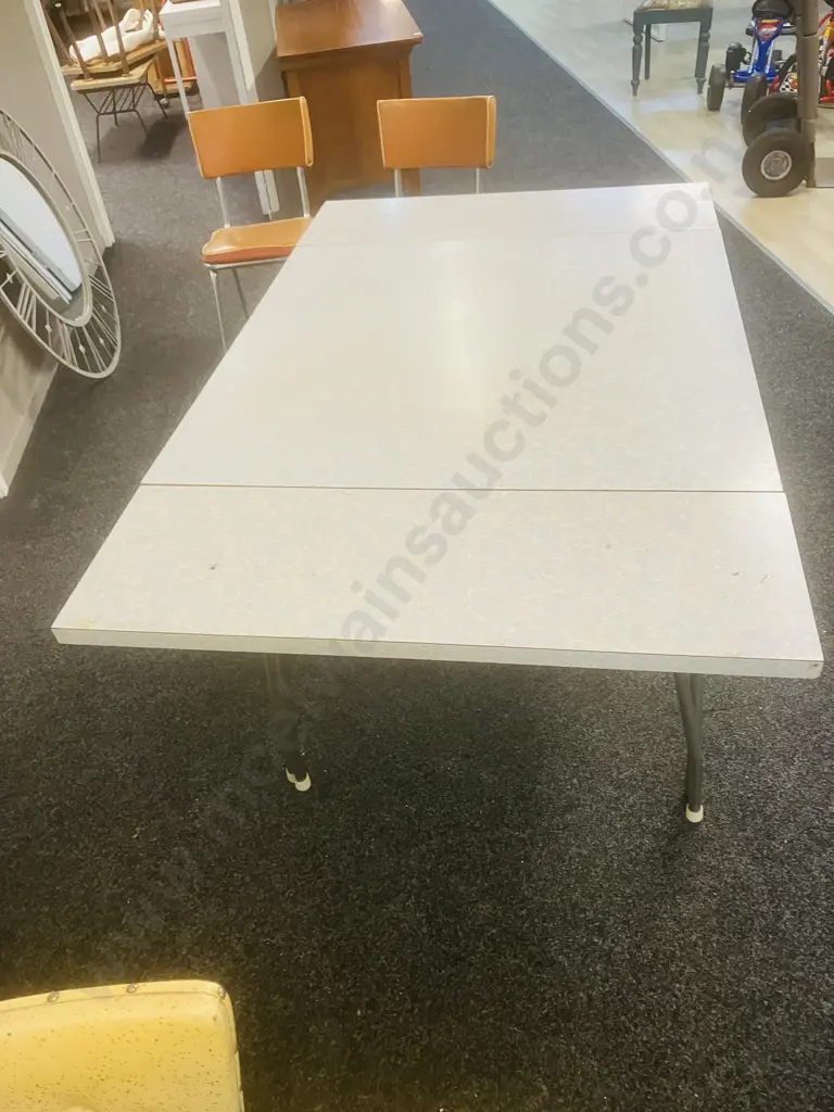 Vintage Mid-Century Formica Extension Table With Hairpin Legs & Pair of Orange Upholstered Chrome Base Chairs (As Found) Image 1++