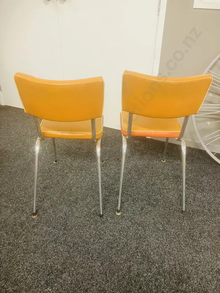 Vintage Mid-Century Formica Extension Table With Hairpin Legs & Pair of Orange Upholstered Chrome Base Chairs (As Found) Image 1++