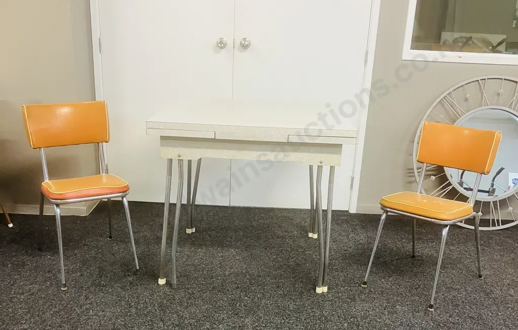 Vintage Mid-Century Formica Extension Table With Hairpin Legs & Pair of Orange Upholstered Chrome Base Chairs (As Found) Image 1++