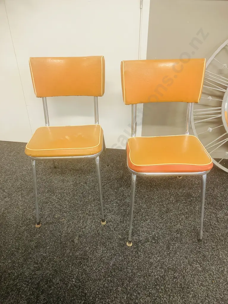 Vintage Mid-Century Formica Extension Table With Hairpin Legs & Pair of Orange Upholstered Chrome Base Chairs (As Found) Image 1++