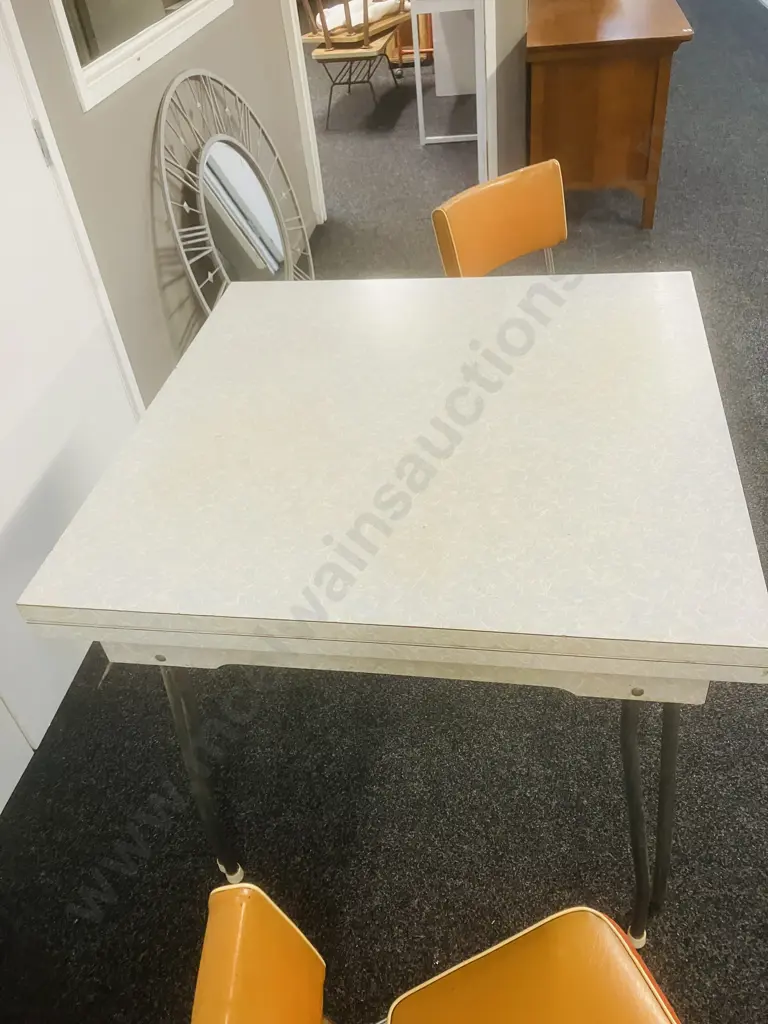 Vintage Mid-Century Formica Extension Table With Hairpin Legs & Pair of Orange Upholstered Chrome Base Chairs (As Found) Image 1++