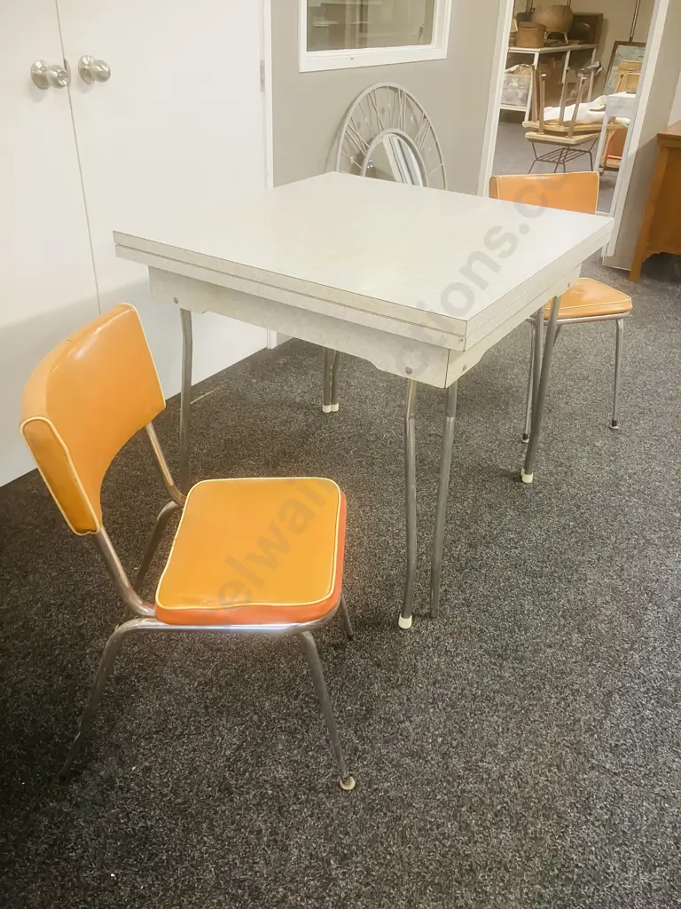 Vintage Mid-Century Formica Extension Table With Hairpin Legs & Pair of Orange Upholstered Chrome Base Chairs (As Found) Image 1++