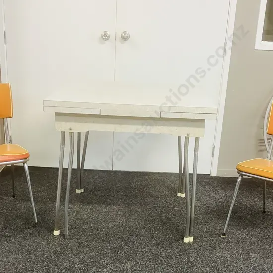 Vintage Mid-Century Formica Extension Table With Hairpin Legs & Pair of Orange Upholstered Chrome Base Chairs (As Found)