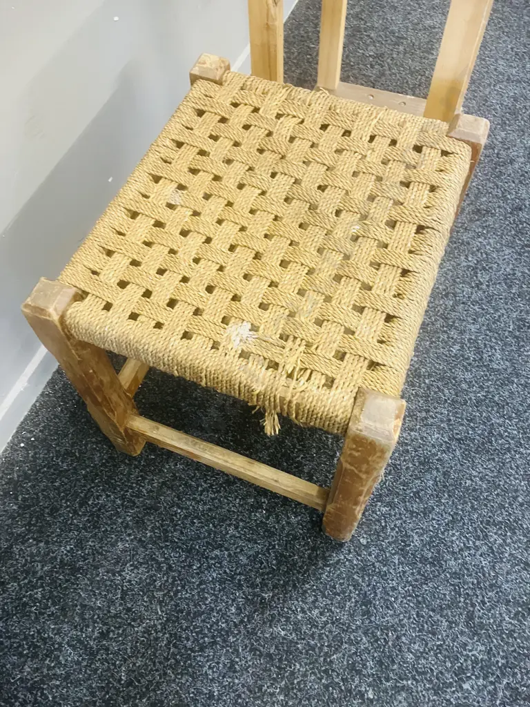 Mid-Century Woven Footstool & Ocassional Table On Wheels Image 1++