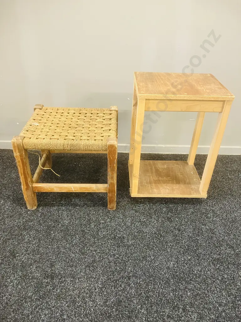 Mid-Century Woven Footstool & Ocassional Table On Wheels Image 1++