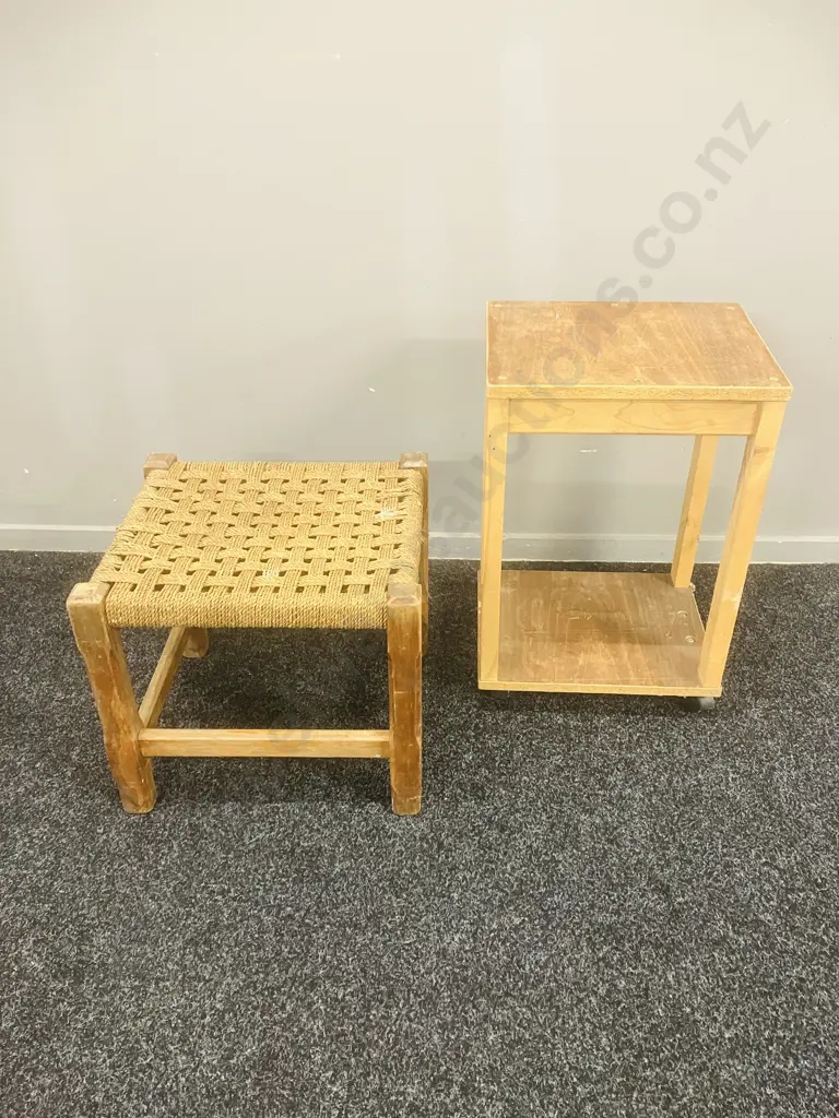Mid-Century Woven Footstool & Ocassional Table On Wheels Image 1++