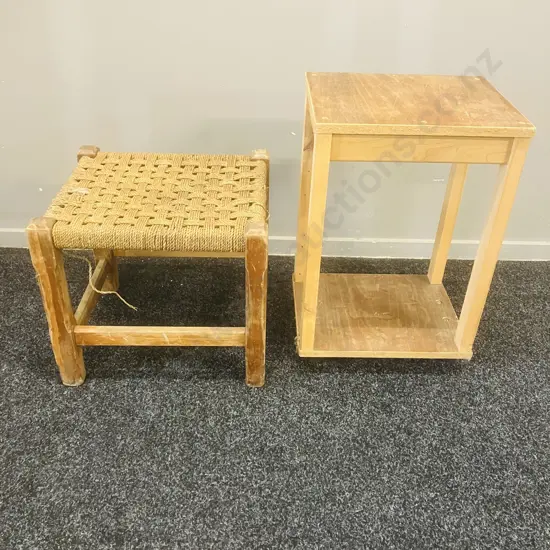 Mid-Century Woven Footstool & Ocassional Table On Wheels