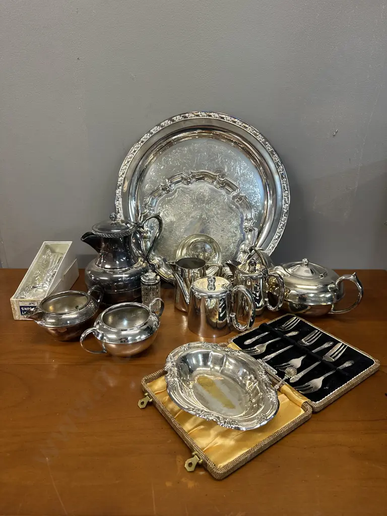 Vintage Silverware Items Including Round Serving Trays, Coffee Pot, Tea Pot Etc Image 1++