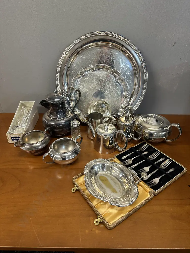 Vintage Silverware Items Including Round Serving Trays, Coffee Pot, Tea Pot Etc Image 1++