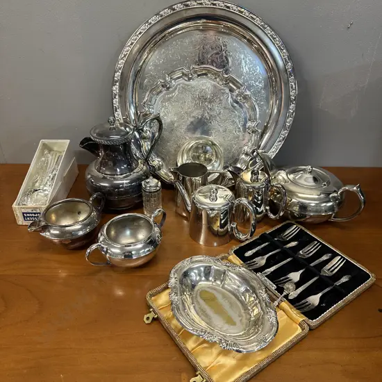 Vintage Silverware Items Including Round Serving Trays, Coffee Pot, Tea Pot Etc