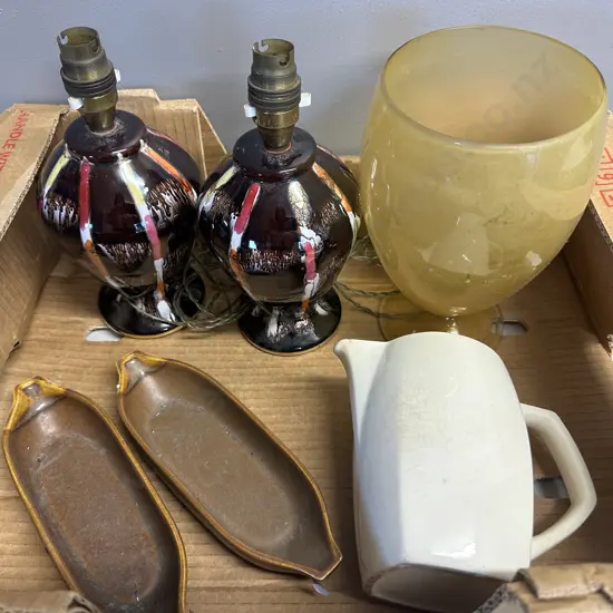 Box Lot Of Vintage Items Including Table Lamp Bases,  Pottery Sweetcorn Dishes Etc