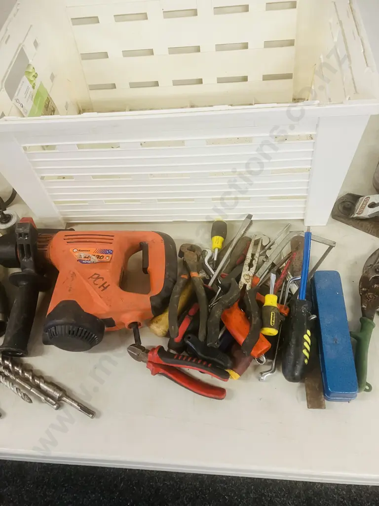 White Bin, Assorted Hand Tools, Drill & Masonry Bits, Ramset DD530 Which Needs New Power  Lead, Plane Etc Image 1++