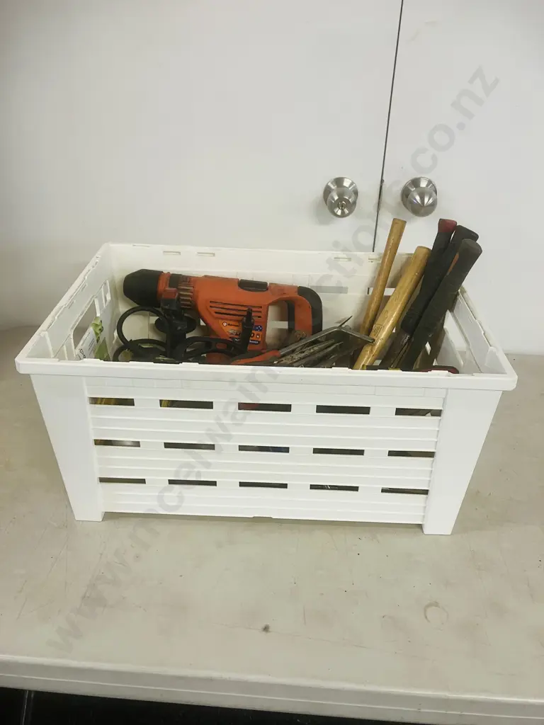 White Bin, Assorted Hand Tools, Drill & Masonry Bits, Ramset DD530 Which Needs New Power  Lead, Plane Etc Image 1++