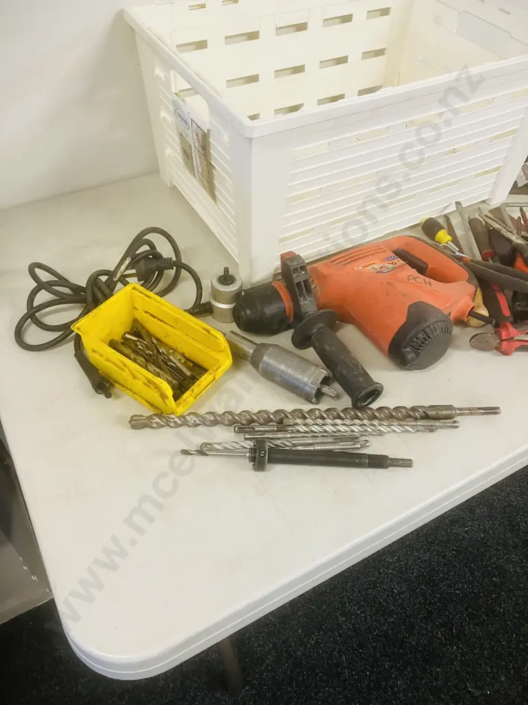 White Bin, Assorted Hand Tools, Drill & Masonry Bits, Ramset DD530 Which Needs New Power  Lead, Plane Etc Image 1++