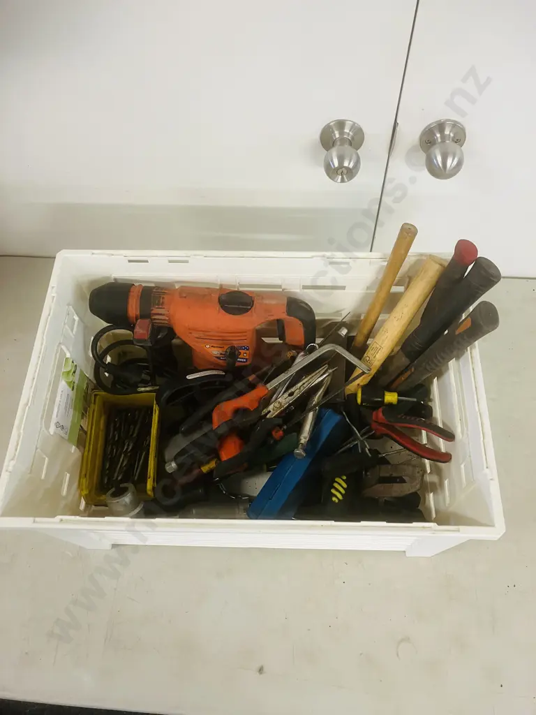 White Bin, Assorted Hand Tools, Drill & Masonry Bits, Ramset DD530 Which Needs New Power  Lead, Plane Etc Image 1++