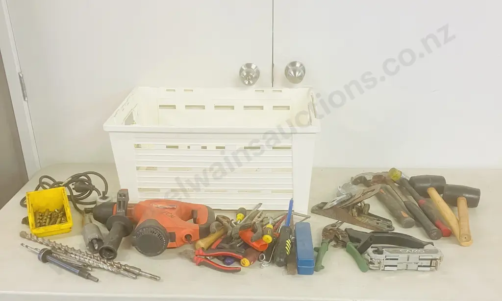 White Bin, Assorted Hand Tools, Drill & Masonry Bits, Ramset DD530 Which Needs New Power  Lead, Plane Etc Image 1++