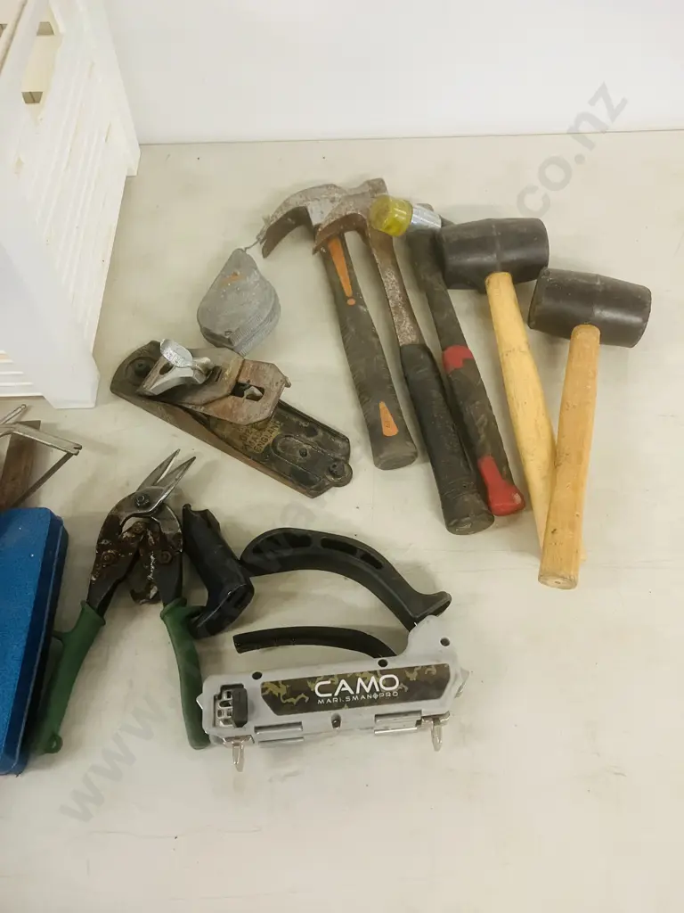 White Bin, Assorted Hand Tools, Drill & Masonry Bits, Ramset DD530 Which Needs New Power  Lead, Plane Etc Image 1++