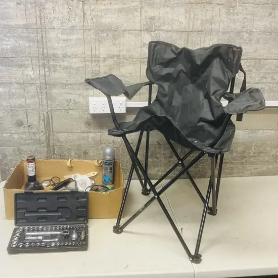 Tools - GM Jack, Fuller Socket Set, Joker440 Spray Etc With Folding Chair