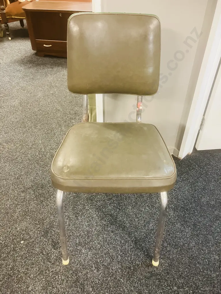 Vintage Mid-Century Green Upholstered Chrome Base Chair Image 1++