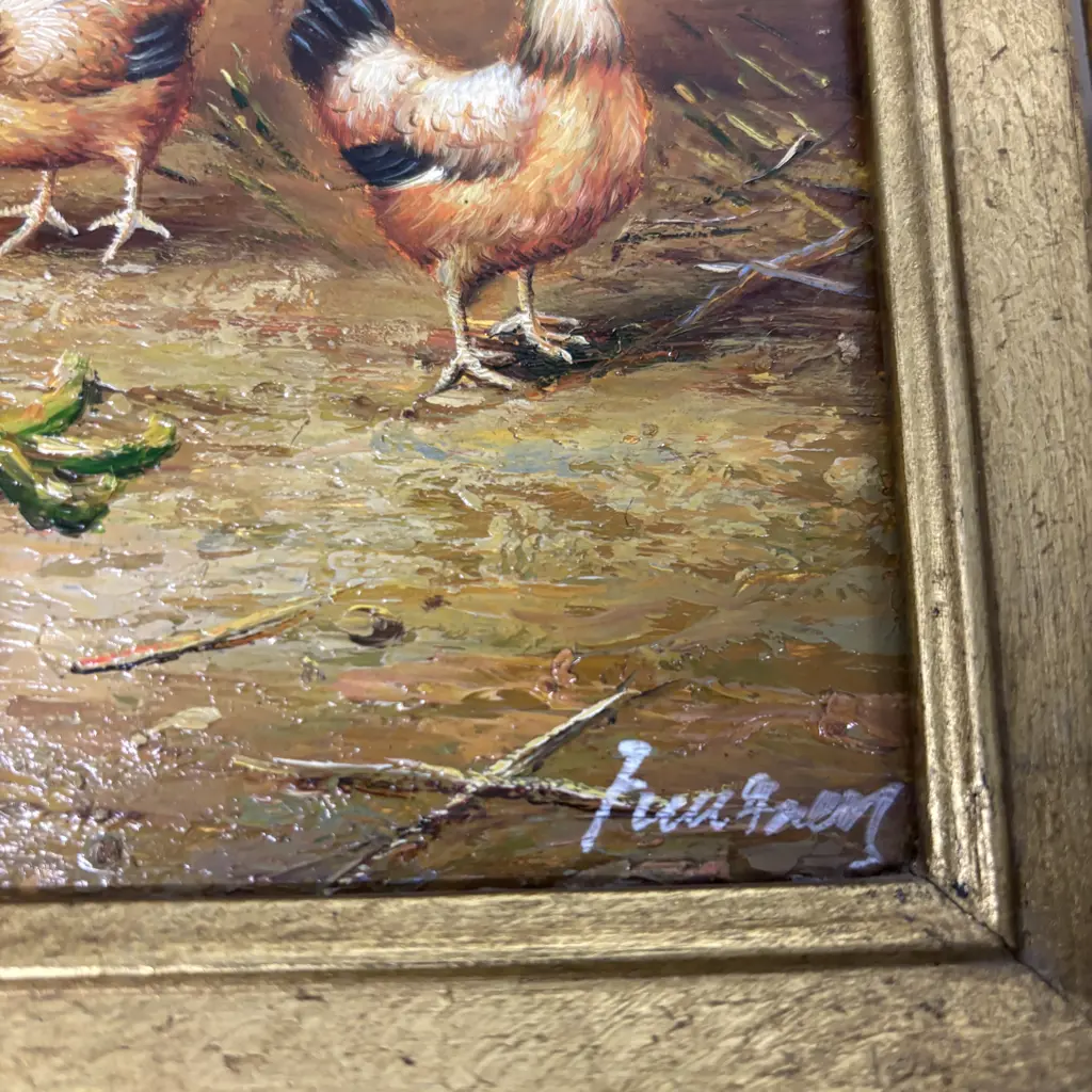 Pair of Original Oil on Board Farmyard Scenes. Roosters, chickens and rabbits.  Both signed. Gilded Black Frames.  Image 1++